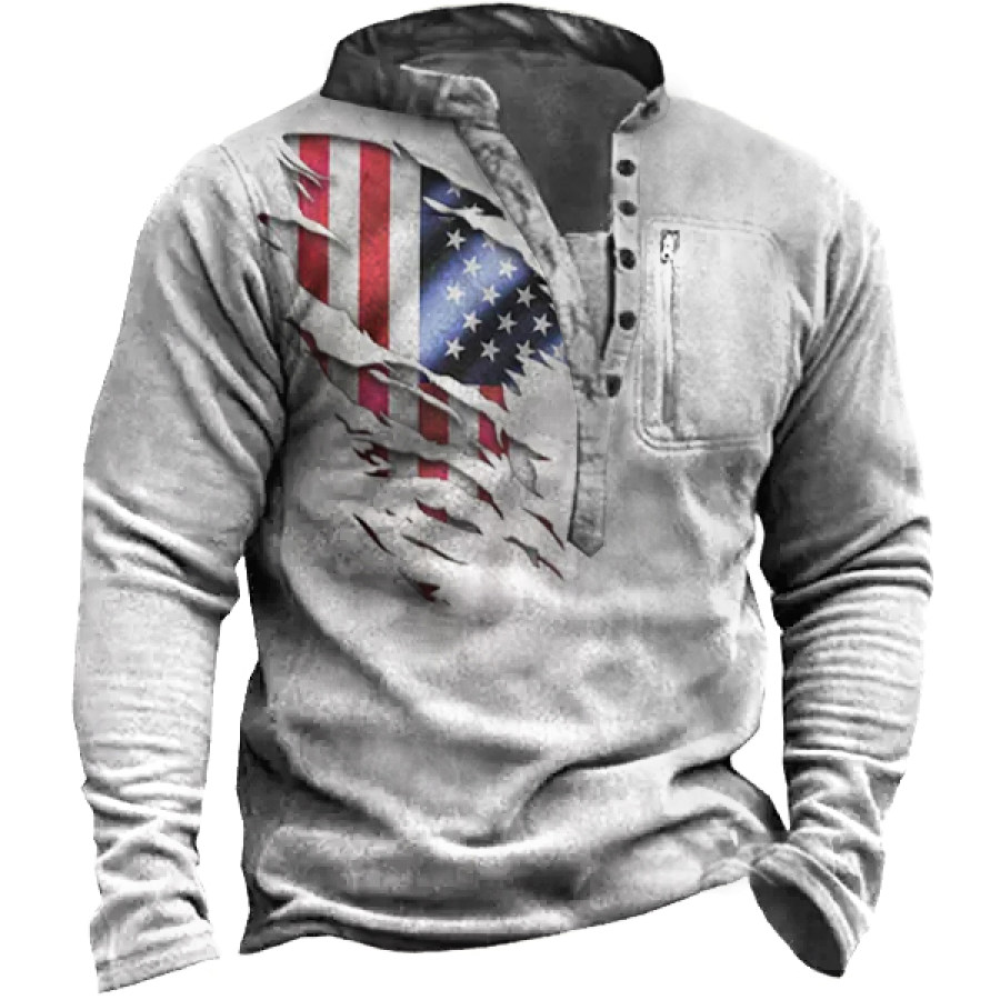 

Men's Vintage American Flag Print Print Henley Sweatshirt