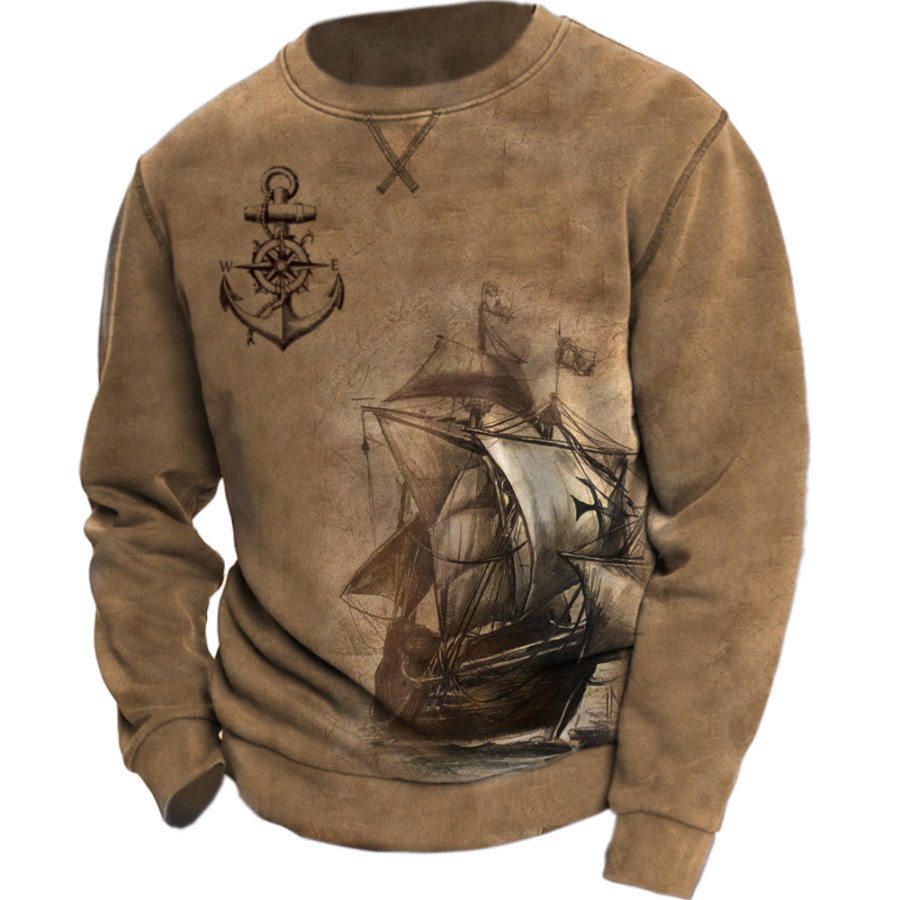 

Men's Vintage Sailing Compass Print Crew Neck Sweatshirt