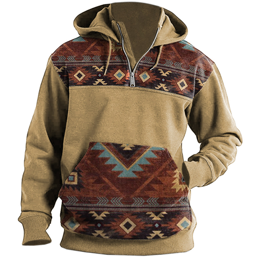 

Men's Vintage Ethnic Print Zip Hooded Pocket Sweatshirt