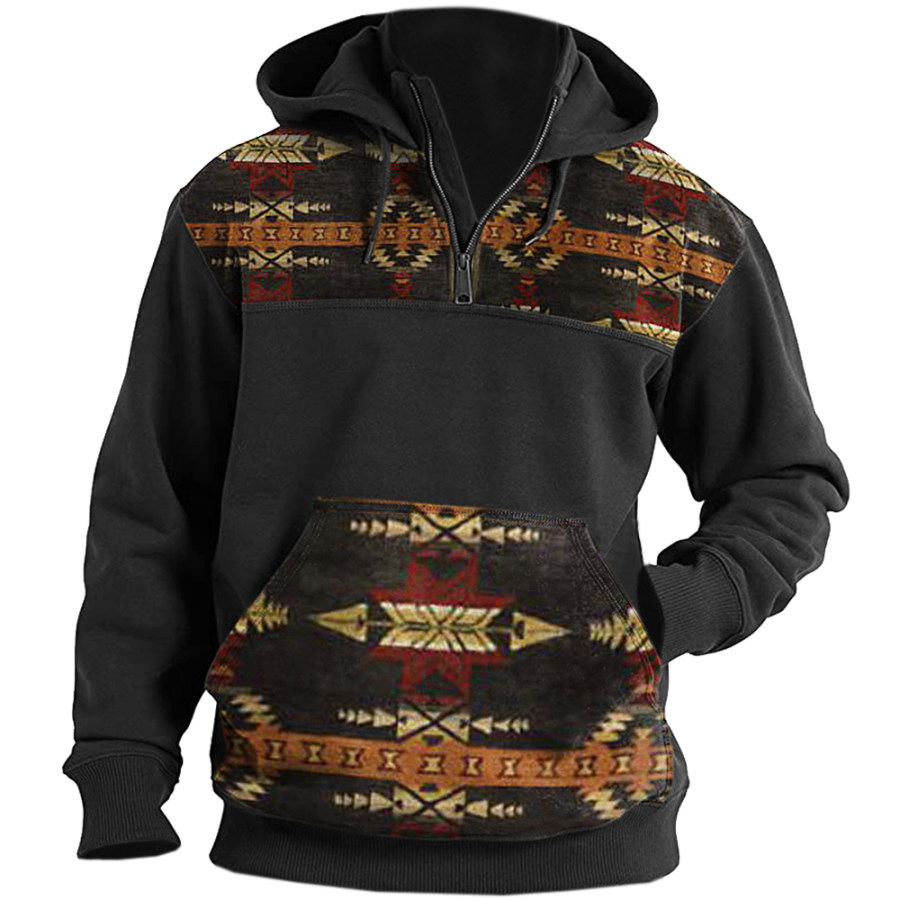 

Men's Vintage Ethnic Print Zip Hooded Pocket Sweatshirt