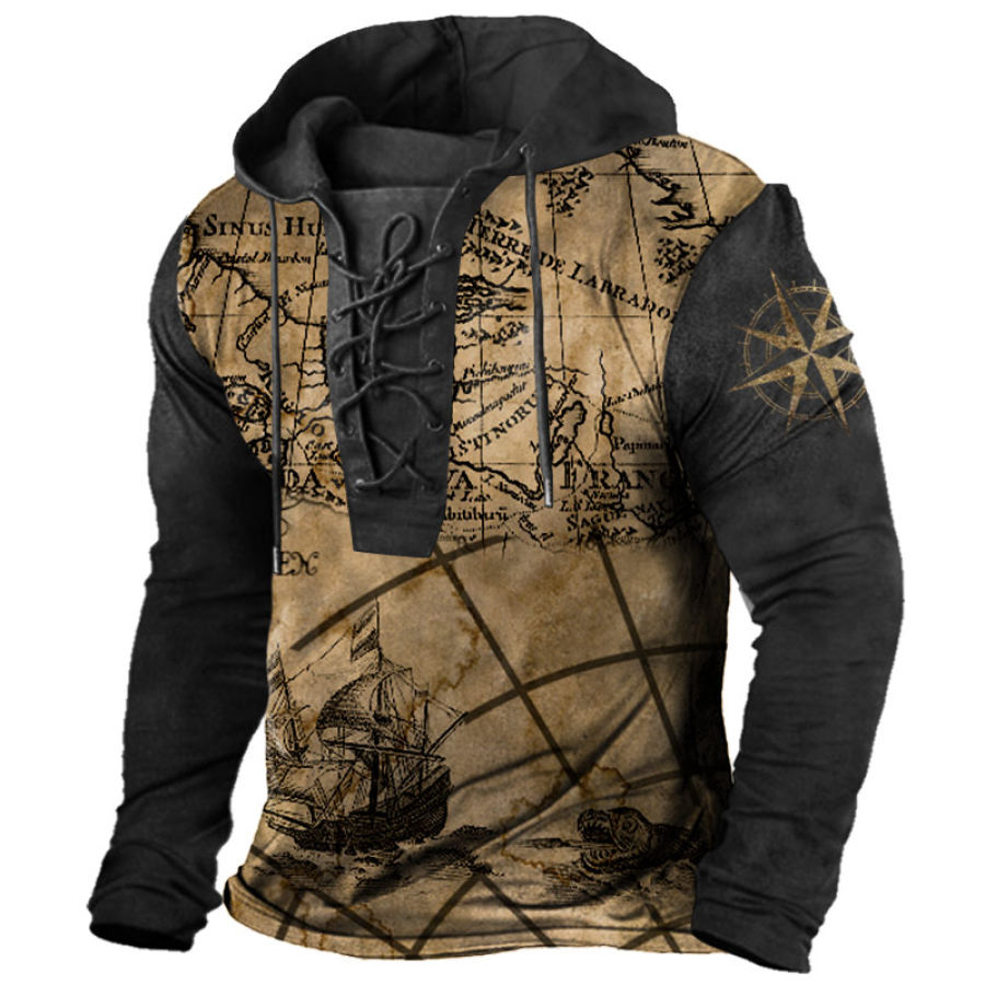 

Men's Vintage Nautical Map Print Compass Lace-Up Hoodie T-Shirt