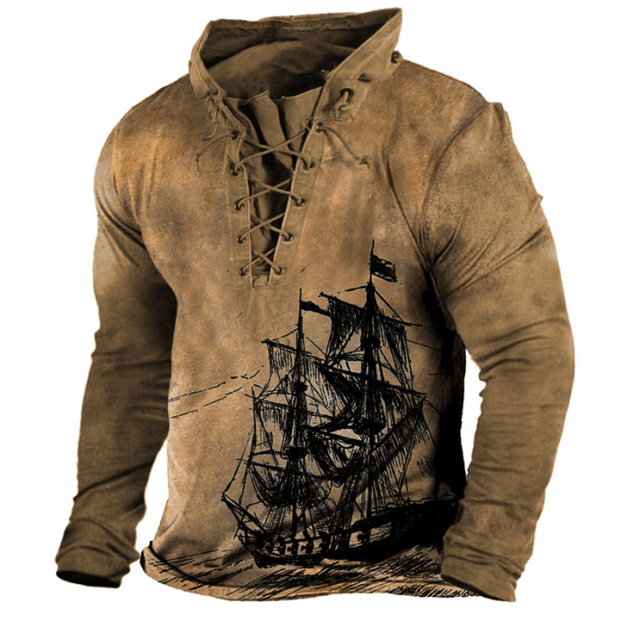 

Men's Vintage Nautical Boat Print Lace-Up Hoodie T-Shirt