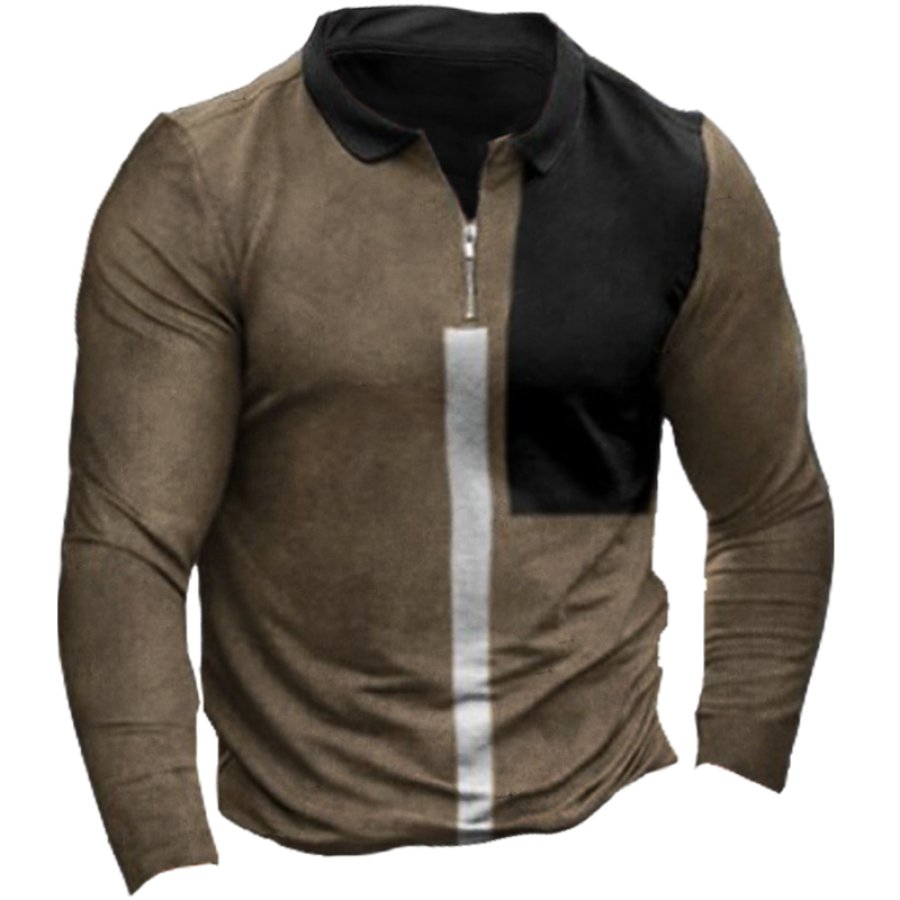 

Men's Vintage Geometric Patchwork Color Zip Neck Long Sleeve T-Shirt