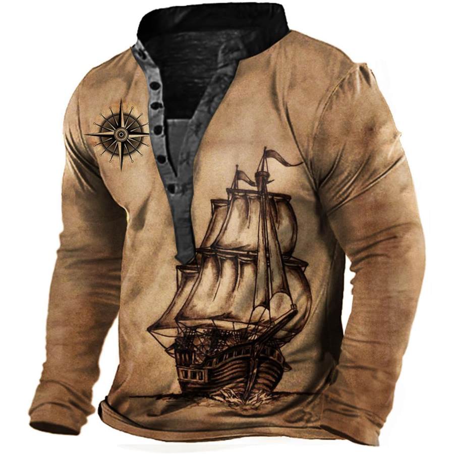 

Men's Vintage Sailing Compass Print Henley Long Sleeve T-Shirt
