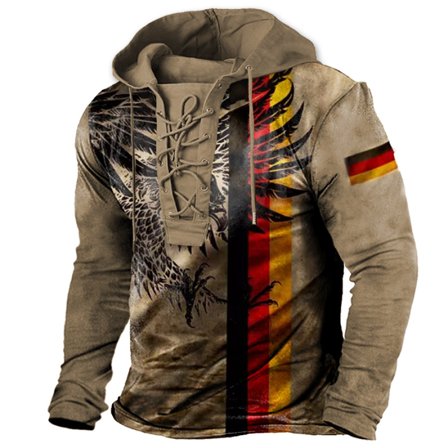 

Men's Outdoor Vintage German Flag Eagle Lace-Up Hooded Long Sleeve T-Shirt
