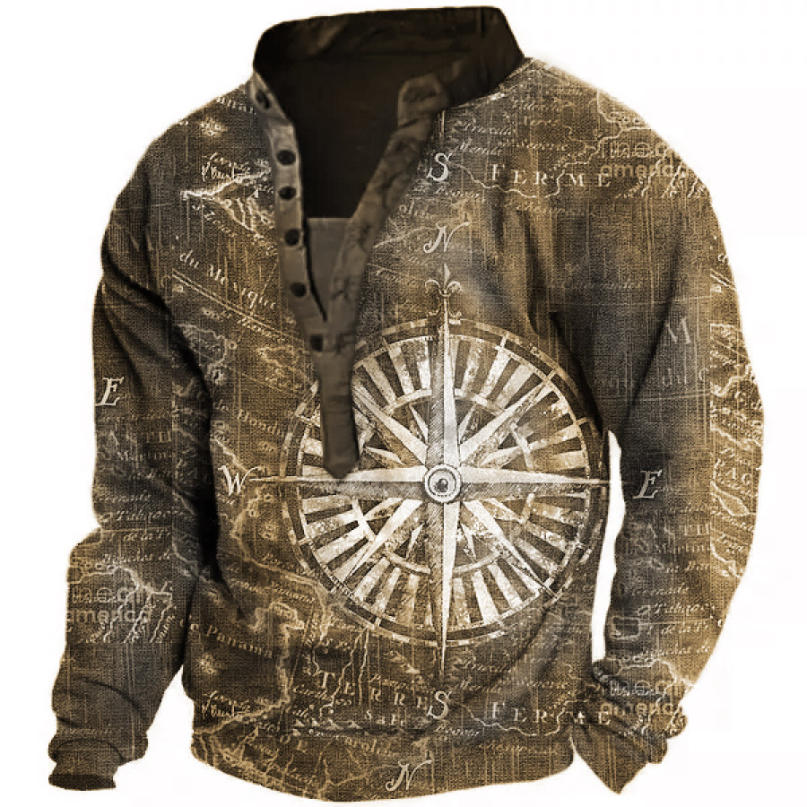 

Men's Vintage World Map Compass Print Henley Sweatshirt