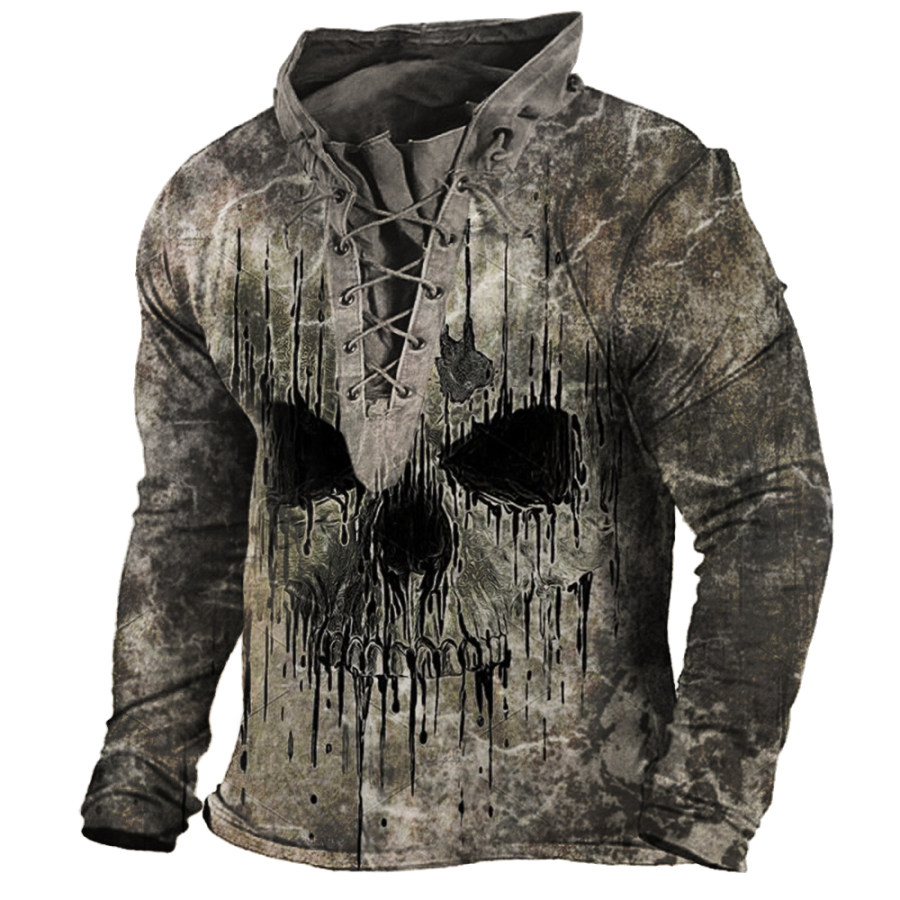 

Men's Vintage Dark Skull Print Lace-Up Hooded T-Shirt