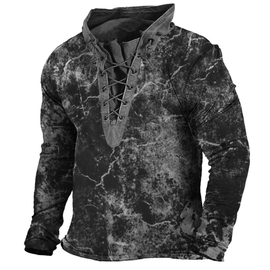 

Men's Vintage Dark Print Lace-Up Hooded T-Shirt