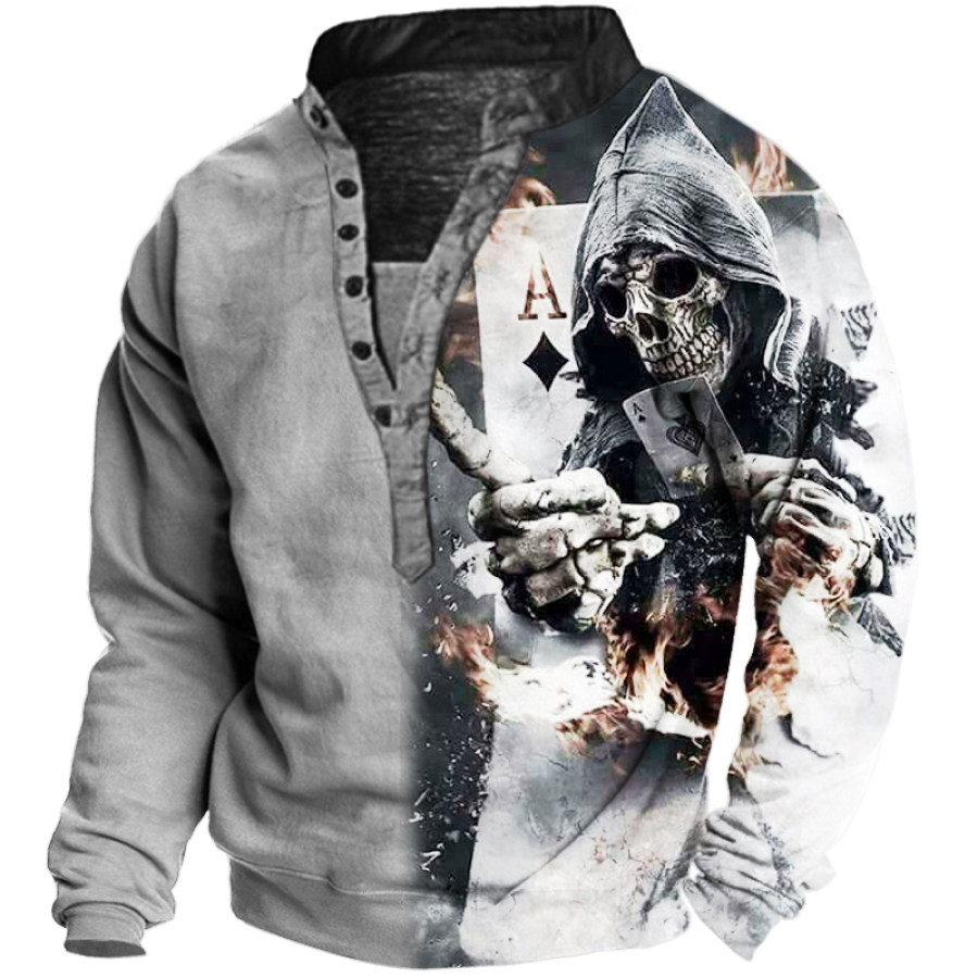 

Men's Vintage Dark Skull Print Henley Collar Sweatshirt