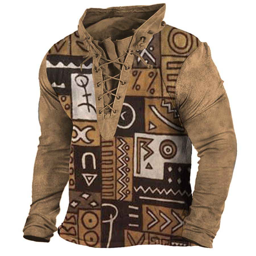 

Men's Vintage Geometric Ethnic Print Lace-Up Hooded T-Shirt