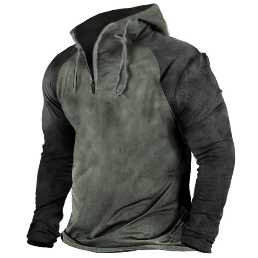 

Men's Contrast Color Patchwork Outdoor Training Half-Zip Hooded T-Shirt