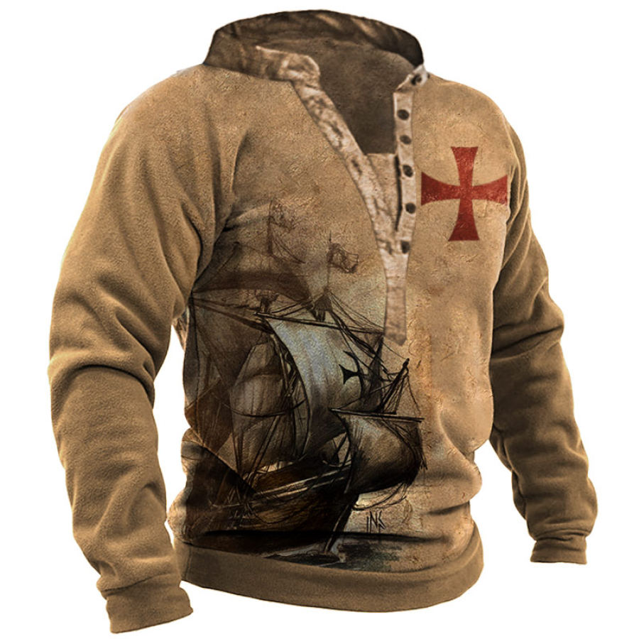 

Men's Vintage Nautical Boat Cross Print Henley Sweatshirt