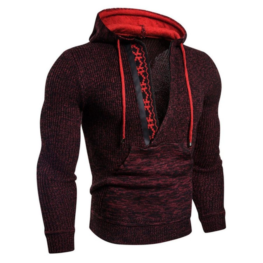 

Men's Patchwork Vintage Hooded Drawstring Sweater