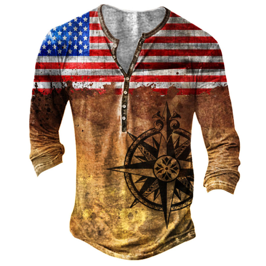 

Men's Vintage American Flag Compass Henley Long Sleeve T-Shirt