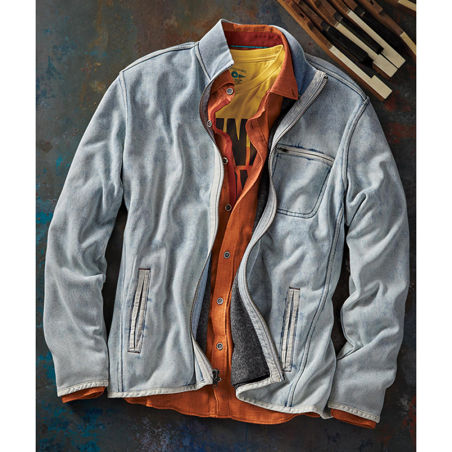 

Men's Outdoor Retro Denim Print Pocket Lining Plus Fleece Jacket