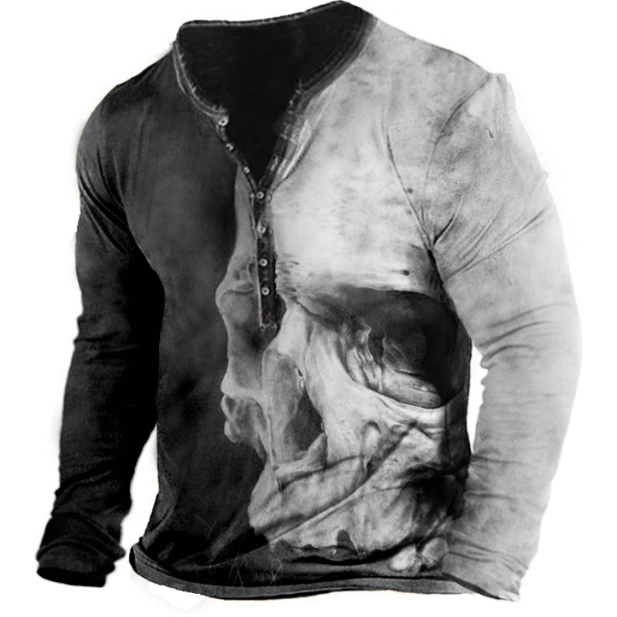 

Men's Vintage Halloween Skull Print Henley Long Sleeve T-Shirt