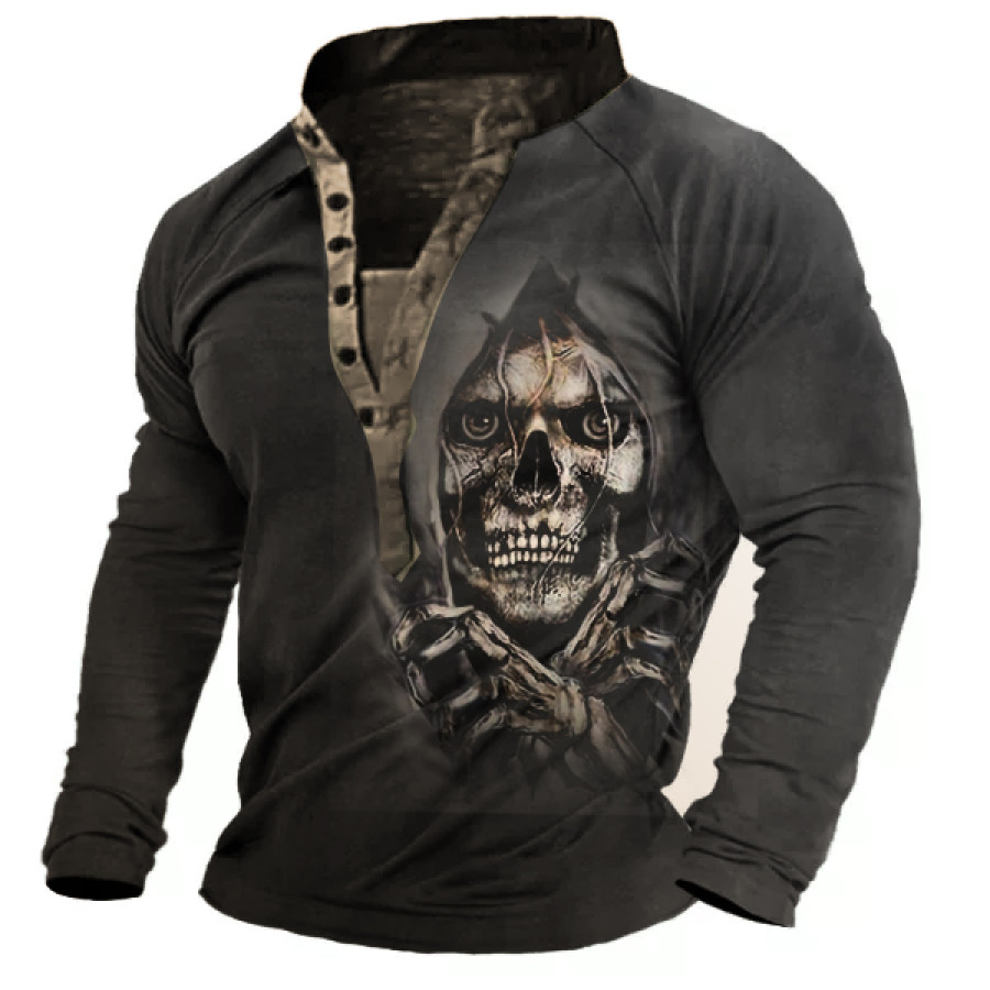 

Men's Vintage Halloween Skull Print Henley Long Sleeve T-Shirt