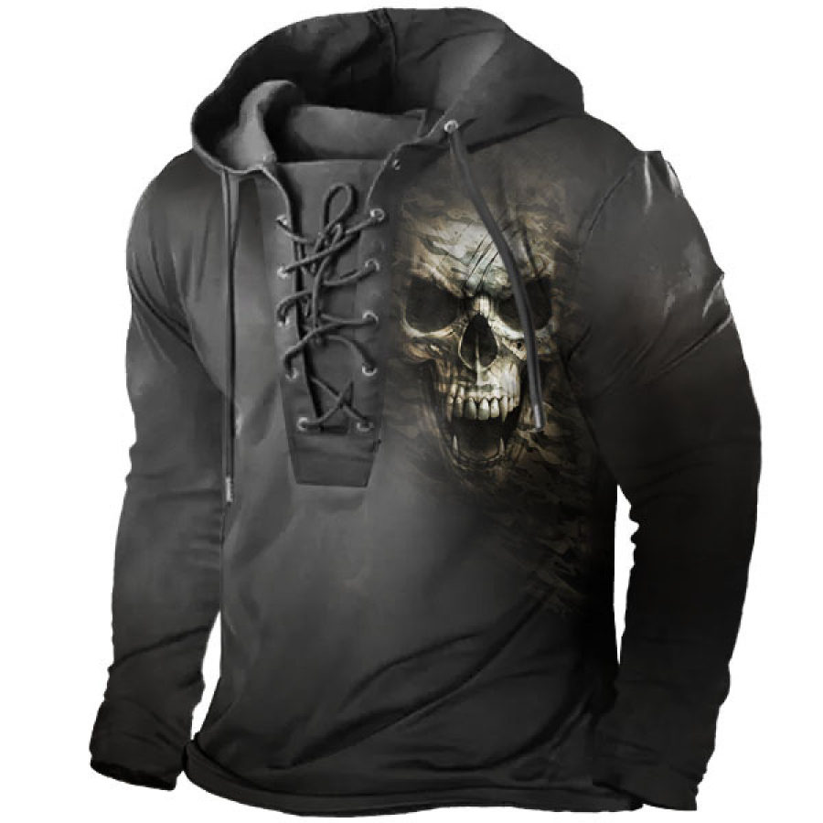 

Men's Halloween Retro Camo Skull Print Lace-Up Hooded T-Shirt