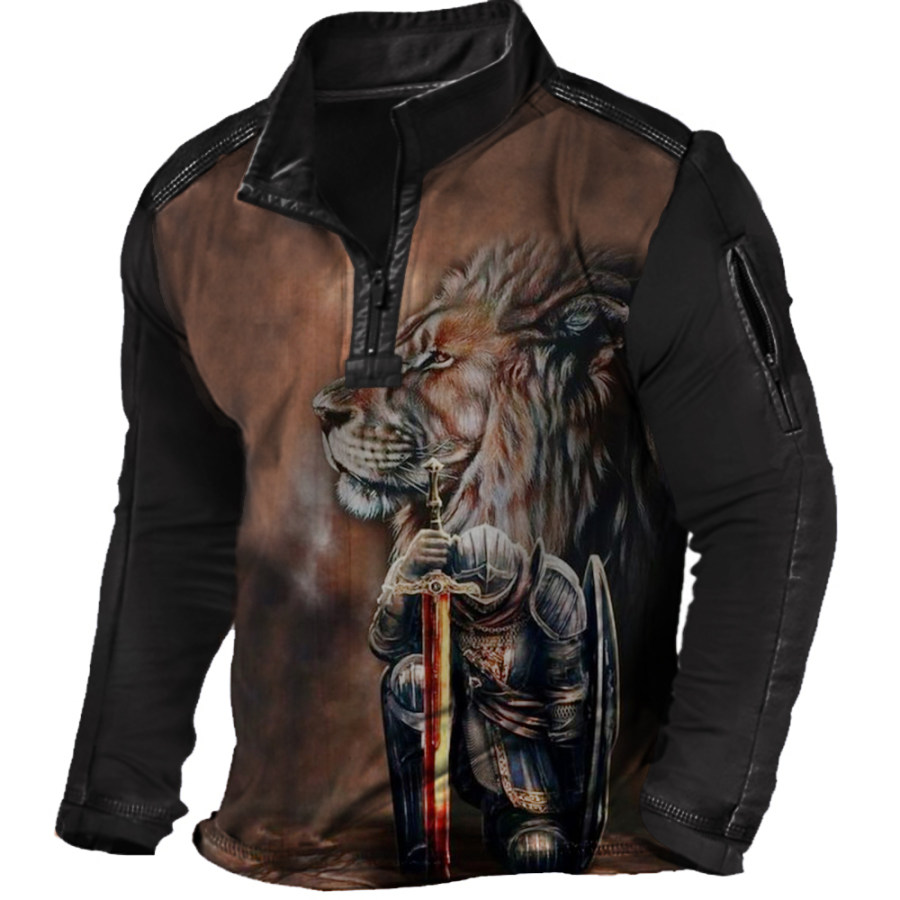 

Men's Jesus Knight Lion Print Stand Collar Pocket Long Sleeve T-Shirt