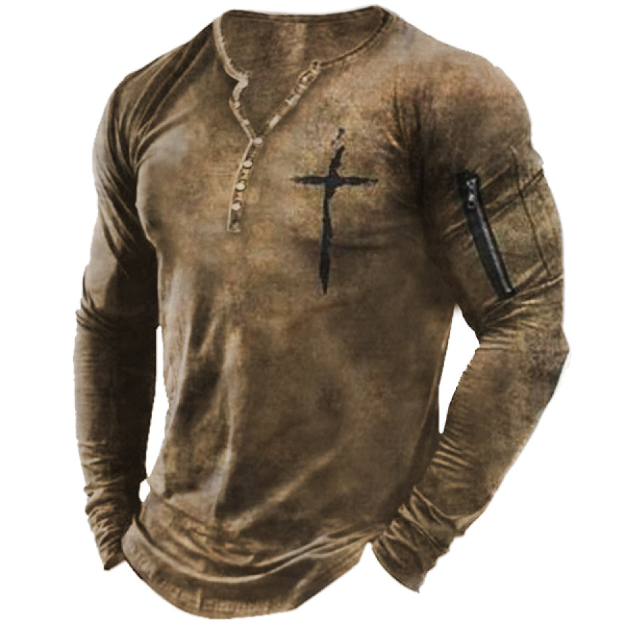 

T-Shirt Mit Henley-Kragen Und Vintage-Kreuzdruck Für Herren