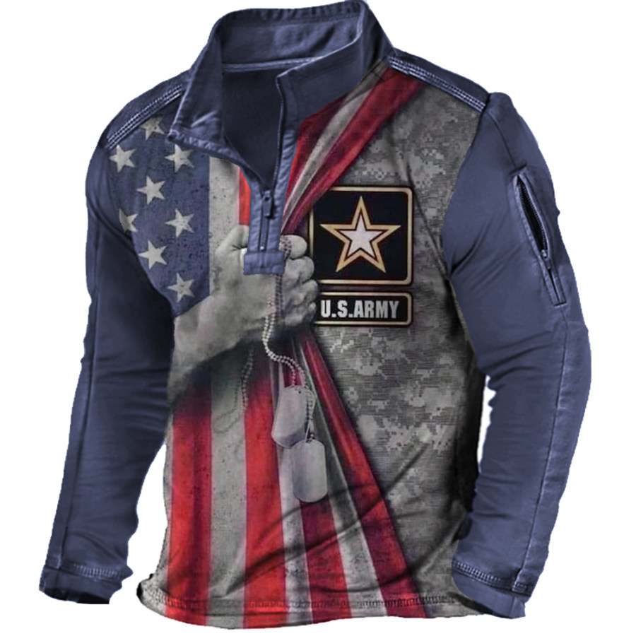 

Men's US Army American Flag Print Stand Collar Pocket Long Sleeve T-Shirt