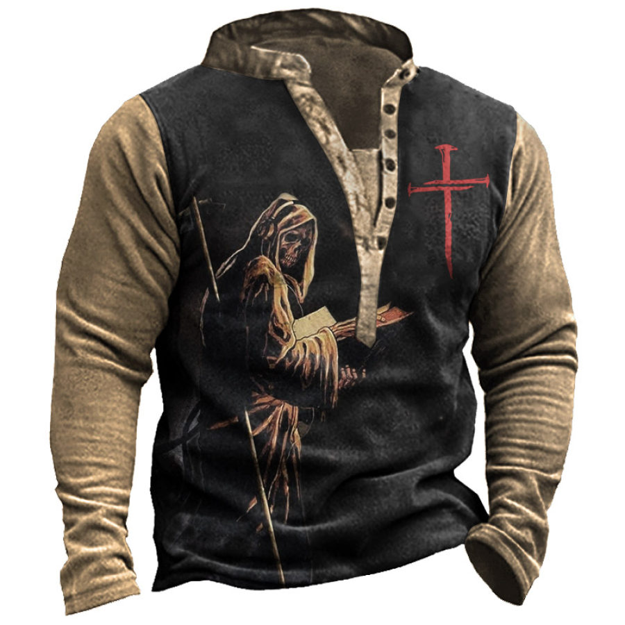 

Men's Reaper Skull Print Jesus Contrast Henry Sweatshirt