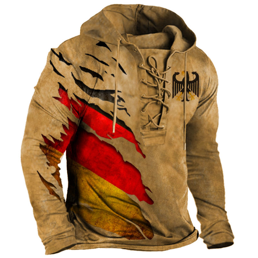 

Men's Vintage German Flag Print Lace-Up Hooded T-Shirt