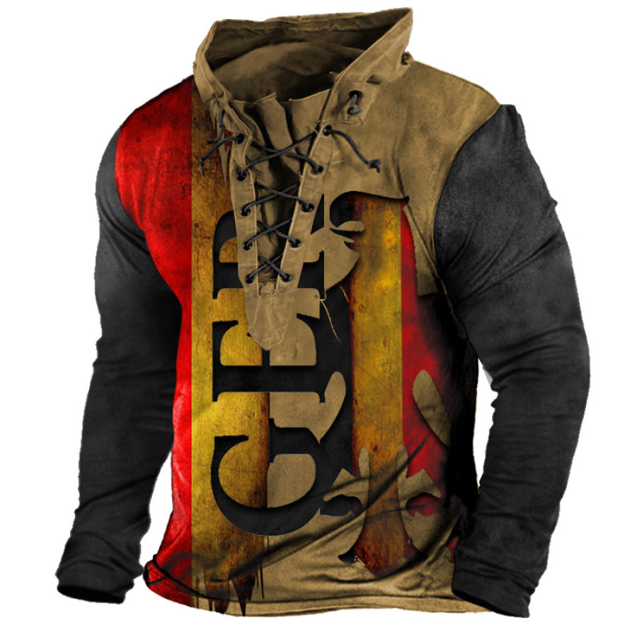 

Men's German Eagle Print Contrast Flag Lace-Up Hooded T-Shirt