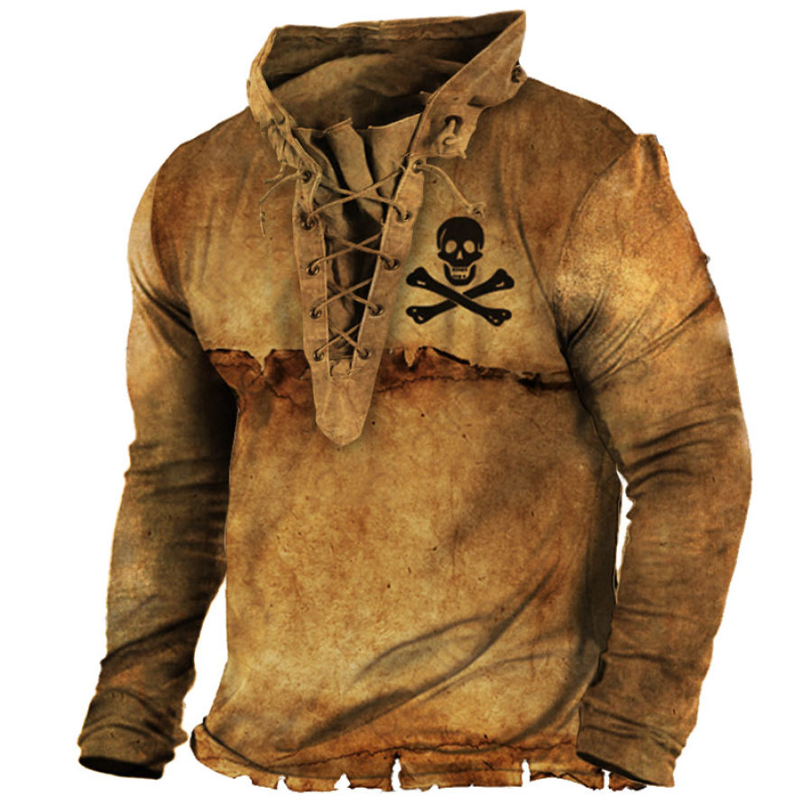 

Men's Vintage Skull Print Outdoor Training Lace-Up Hoodie T-Shirt
