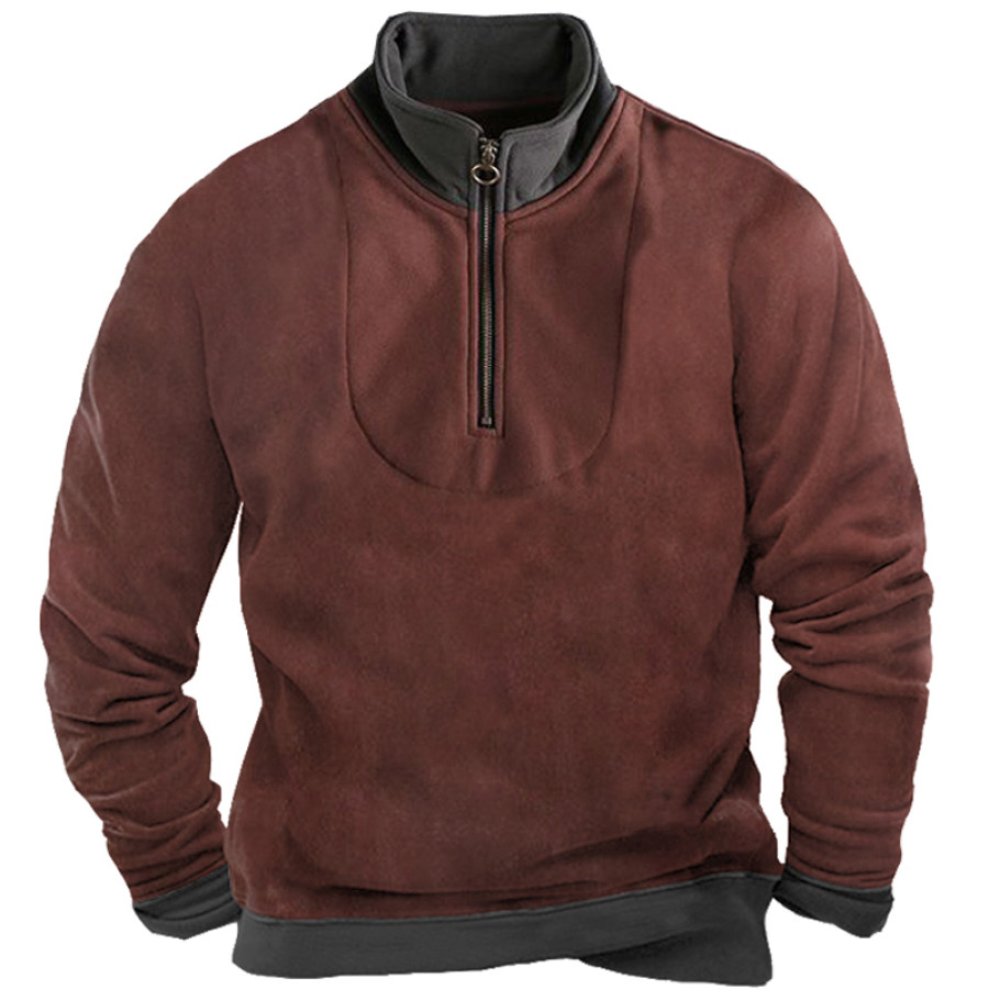 

Men's Patchwork Color Zip Stand Collar Thickened Sweatshirt