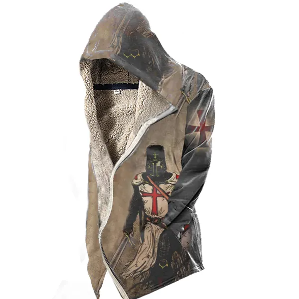 Men's Vintage Templar Cross Hooded Fleece Jacket - Sanhive.com 