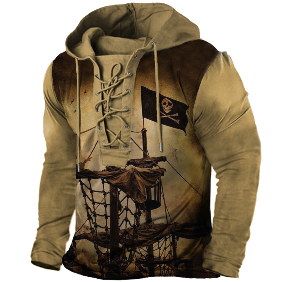 

Men's Vintage Sailing Skull Pirate Print Lace-Up Hooded T-Shirt
