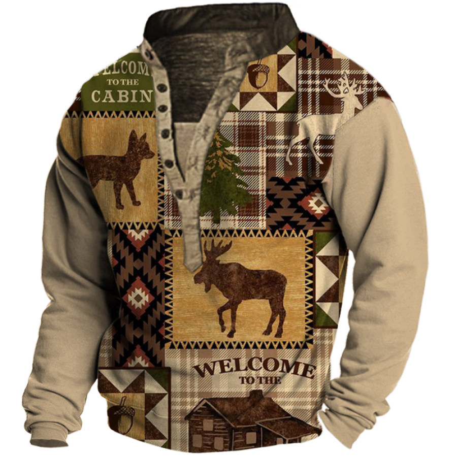 

Men's Vintage Ethnic Elk Print Henley Collar Sweatshirt
