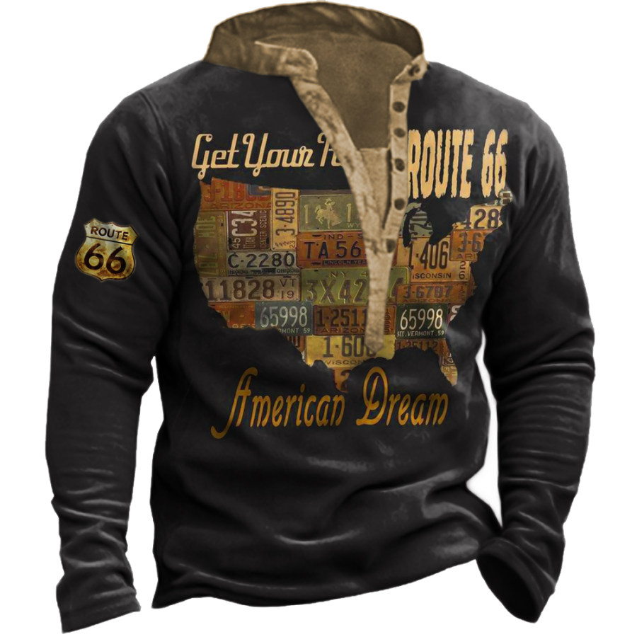 

Men's Vintage US Route 66 Print Henley Collar Sweatshirt