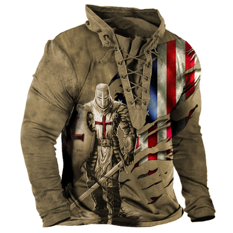 

Men's Vintage Templar American Flag Print Lace-Up Hoodie T-Shirt