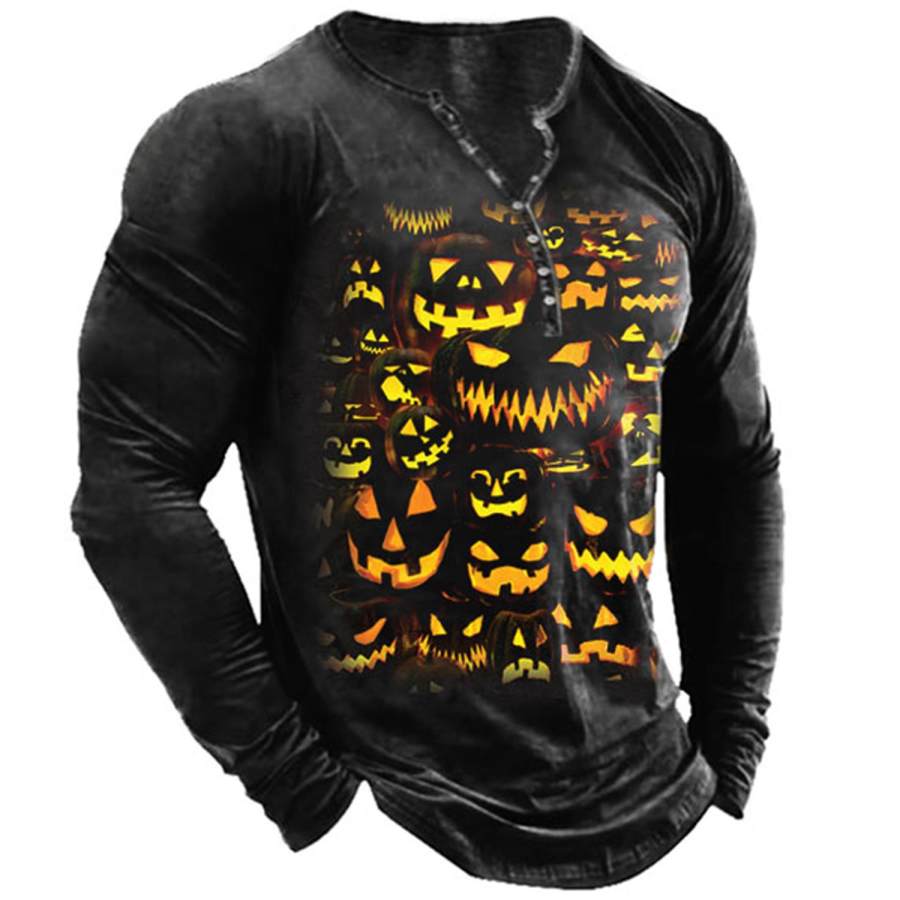 

Men's Halloween Jack O Lantern Henley Long Sleeve T-Shirt