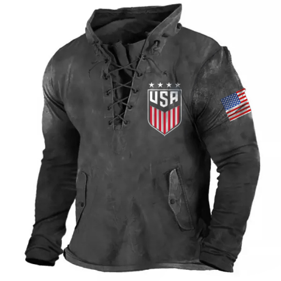 

Men's USA Flag Print Vintage Outdoor Tactical Lace-Up Hooded T-Shirt