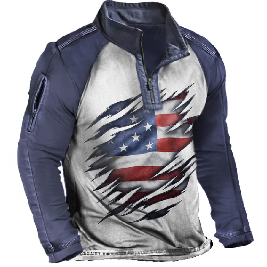 

Men's American Flag Print Zipper Pocket Half Zip Collar Tactical T-Shirt