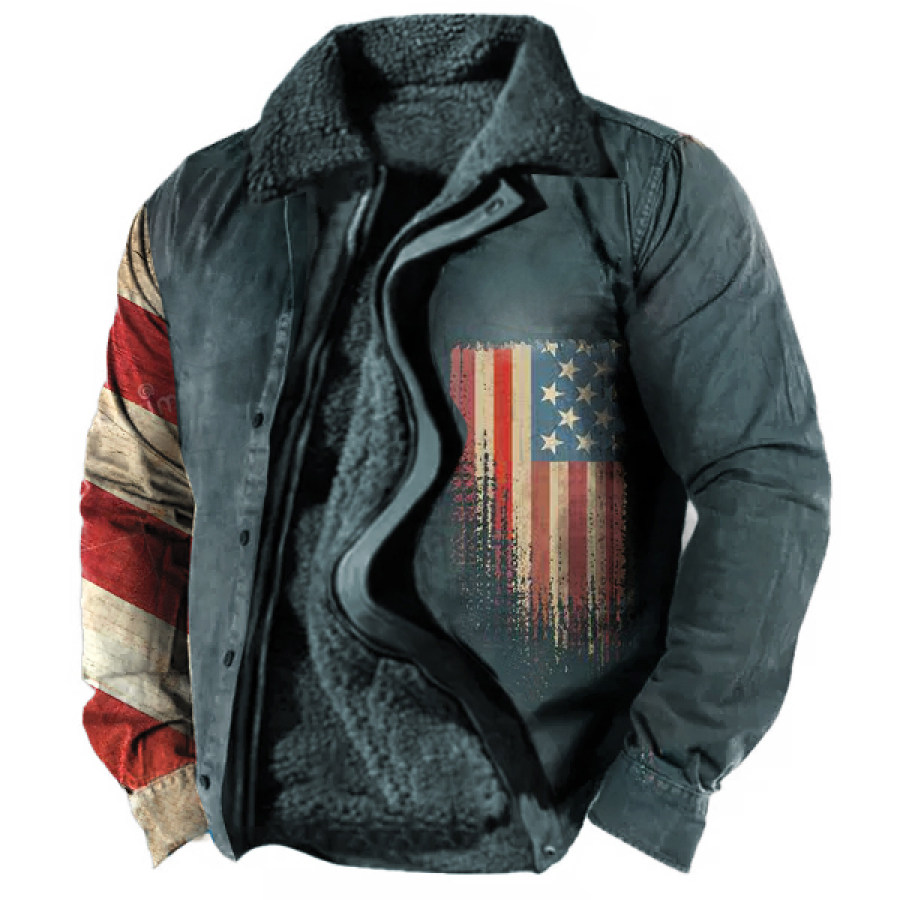 

American Flag Print Men's Retro Lining Plus Fleece Zipper Tactical Shirt Jacket