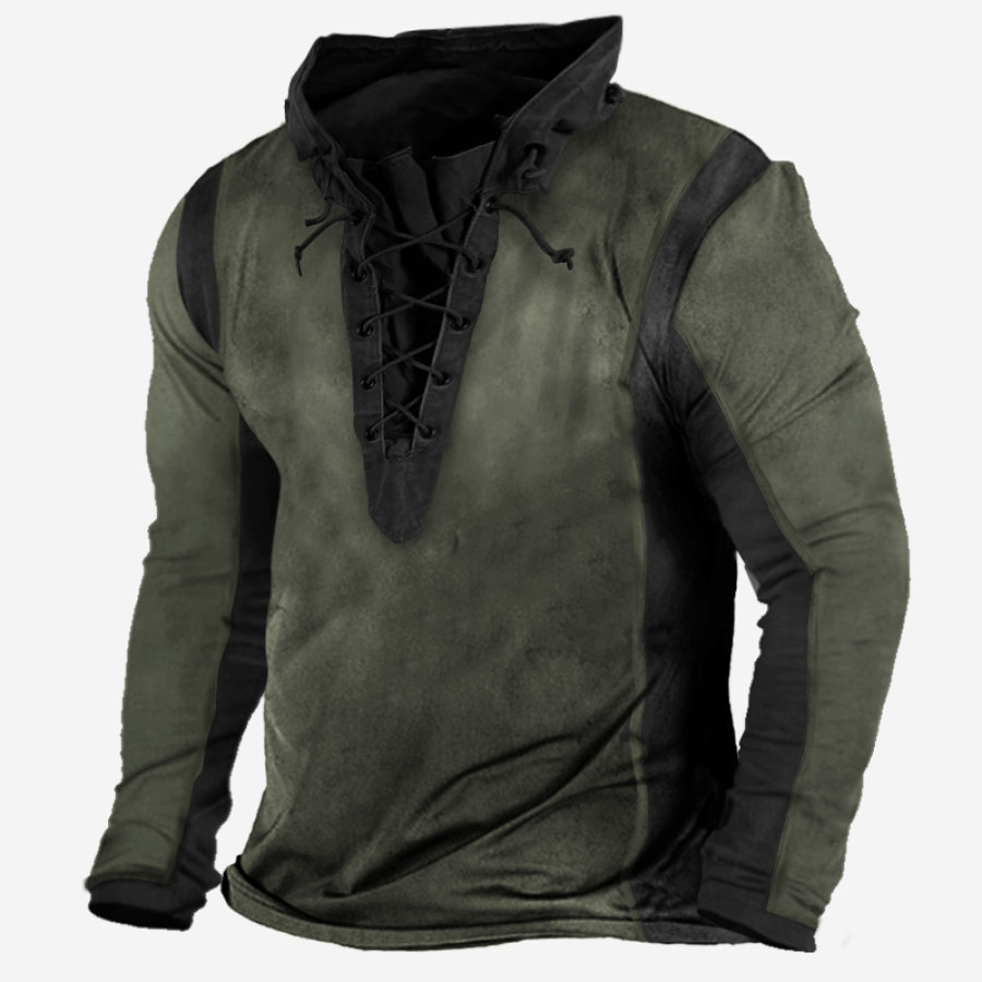 

Men's Contrast Color Patchwork Outdoor Special Training Lace-Up Hooded Tactical T-Shirt