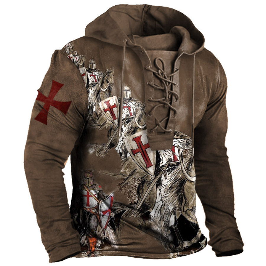 

Men's Vintage Outdoor Templar Print Lace-Up Hoodie T-Shirt