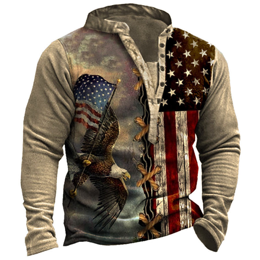 

Men's Vintage American Eagle Flag Print Henley Sweatshirt