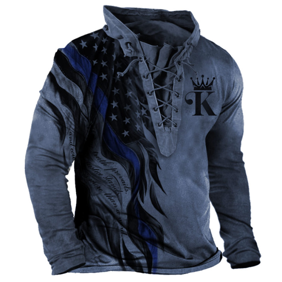 

Men's King American Flag Print Lace-Up Hooded T-Shirt