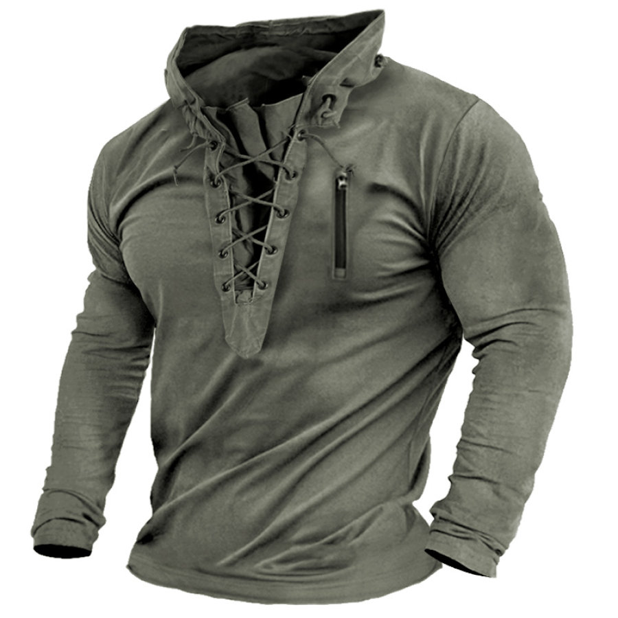 

Men's Retro Outdoor Training Zip Pocket Lace-Up Hooded Tactical T-Shirt
