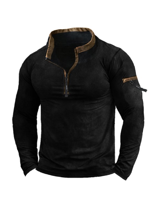 Men's Vintage Patchwork Zip Pocket Tactical T-Shirt