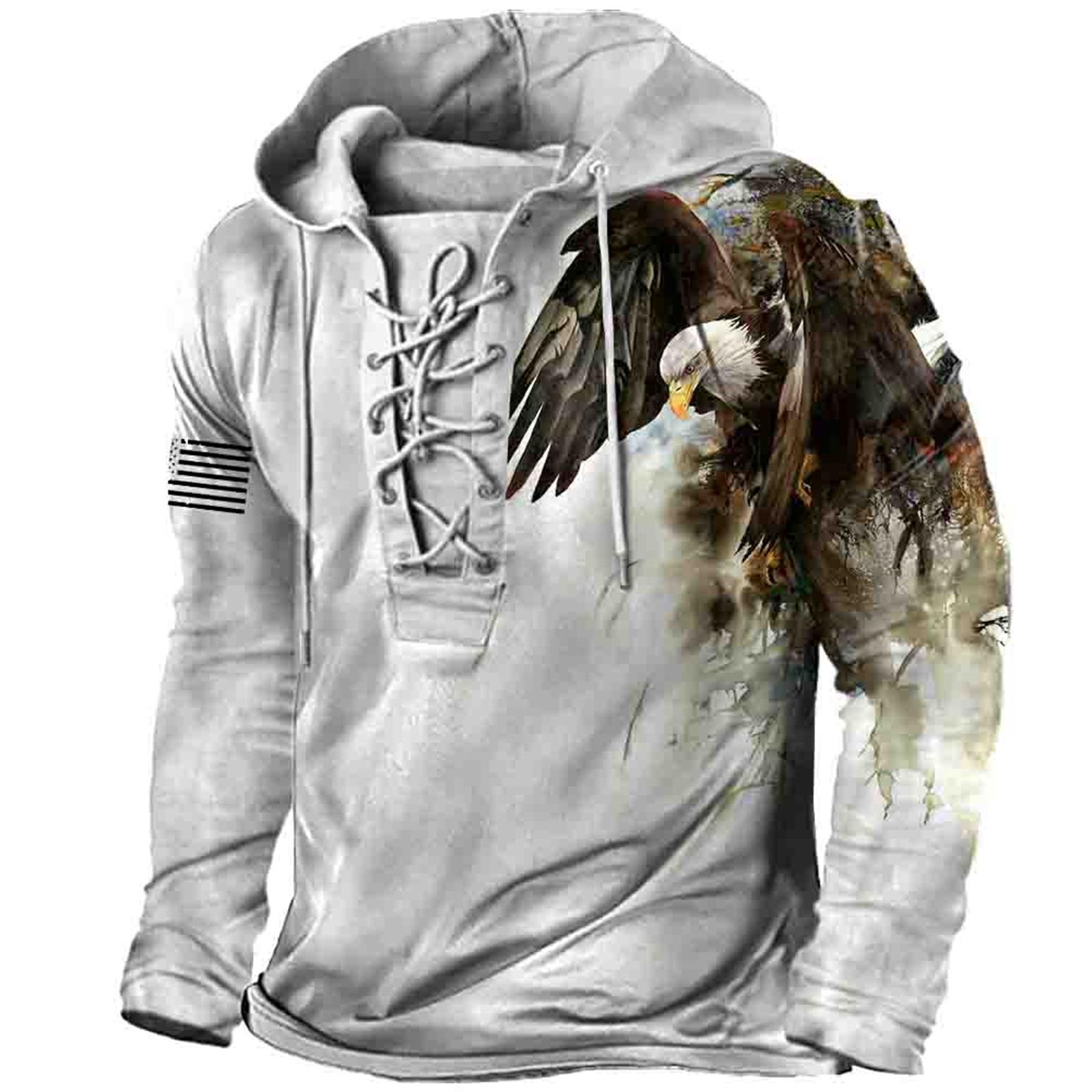 Men's Outdoor American Flag Eagle Lace-Up Hooded T-Shirt