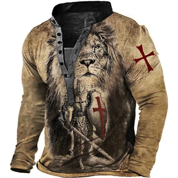 Men's Vintage Templar Lion Print Henley Long Sleeve T-Shirt - Sanhive.com 