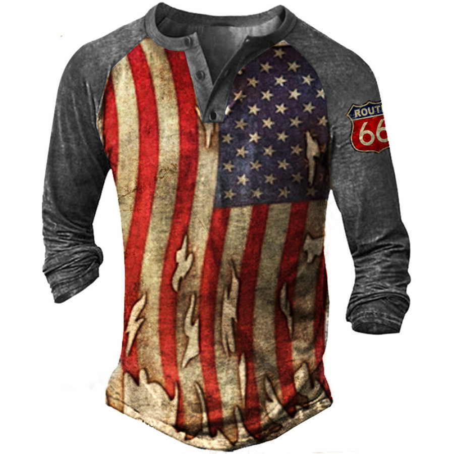 

Men's Outdoor American Flag Print Henley Long Sleeve T-Shirt