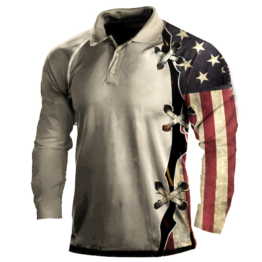 

Men's Vintage American Flag Print Polo T-Shirt