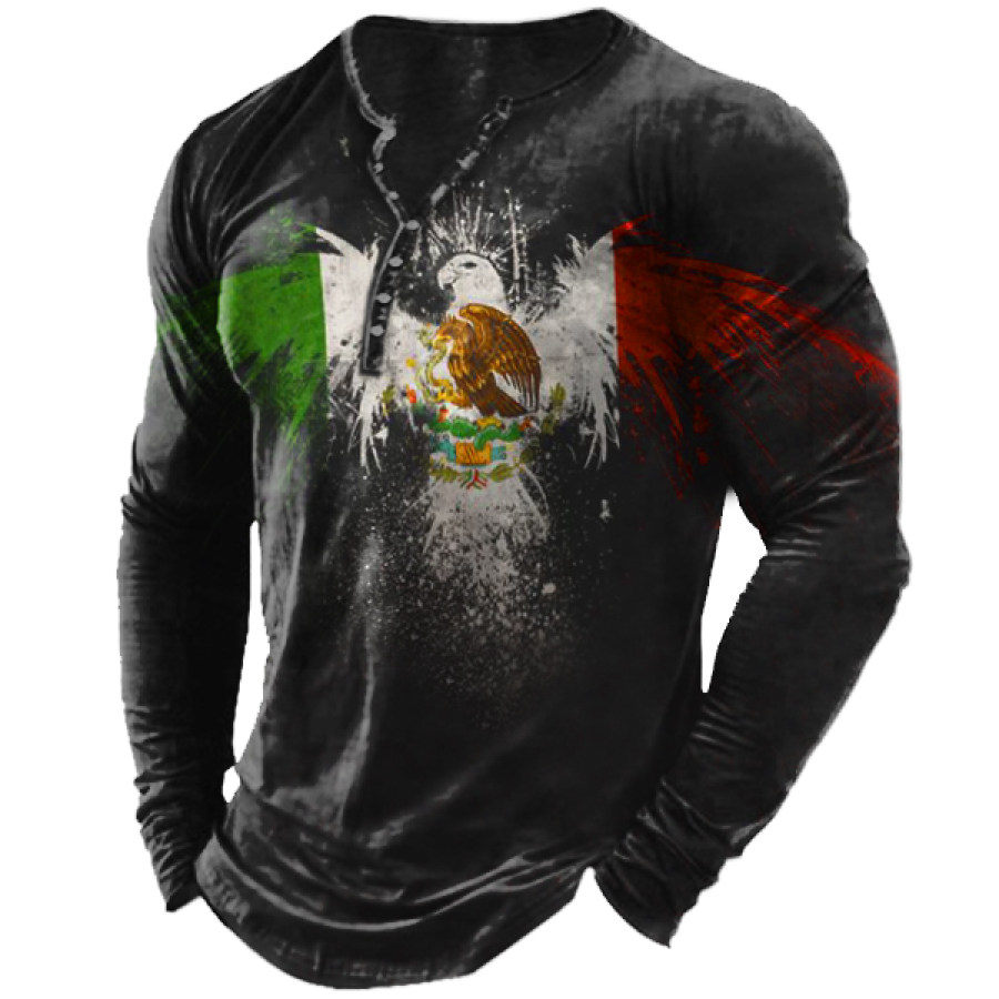 

Men's Vintage Mexican Flag Eagle Print Henley Collar Long Sleeve T-Shirt